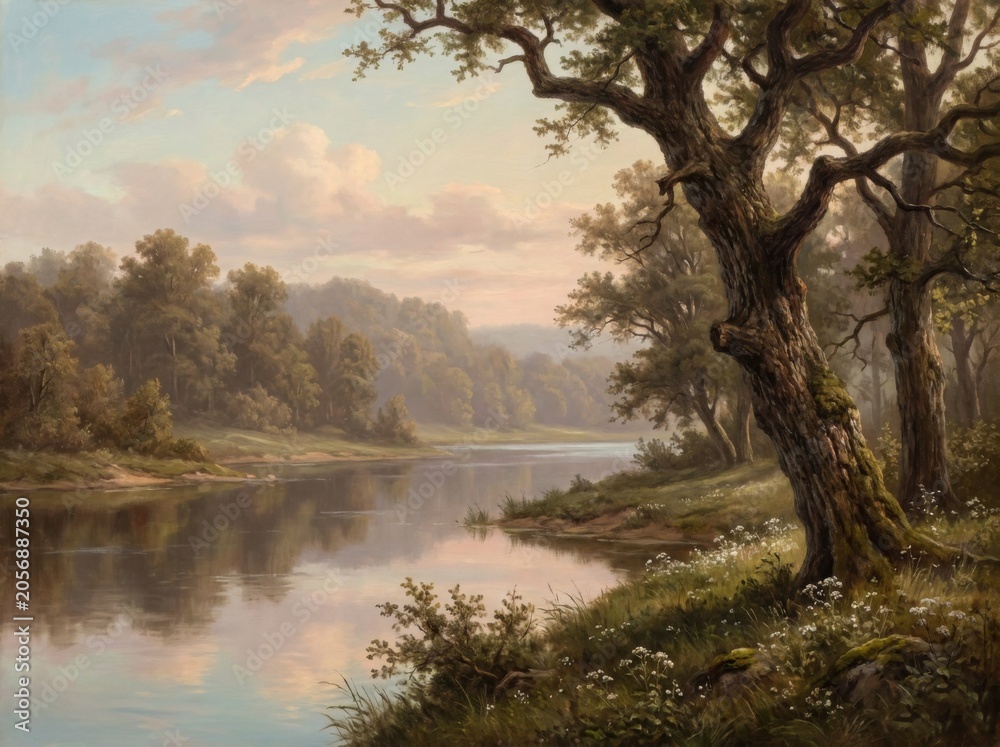Obraz premium Classic oil painting of a tranquil river landscape with old oak trees, spring wildflowers, and a soft morning sky.