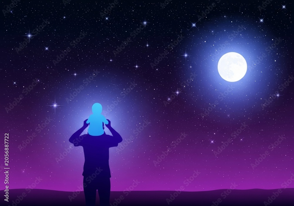 Naklejka premium A premium vector illustration shows a large silhouette carrying a smaller silhouette under a vast night sky filled with many bright twinkling stars, art, astrology, illustration