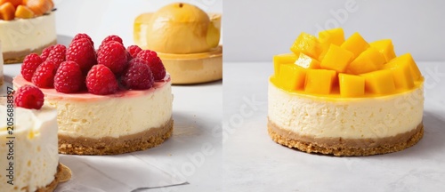 Delicious cheesecake assortment with fresh fruit toppings on light background