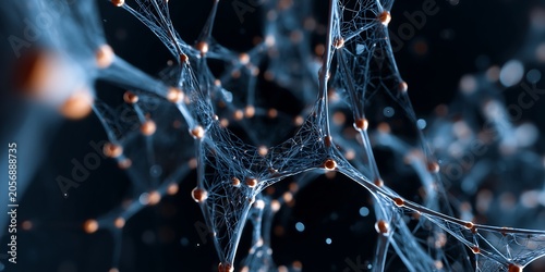 Complex Abstract Web of Blue and Orange Interconnected Geometric Nodes