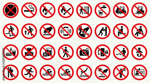 Vector Icons Collection of various prohibition signs and safety warning symbols for industrial and public workplace environments. EPS Editable
