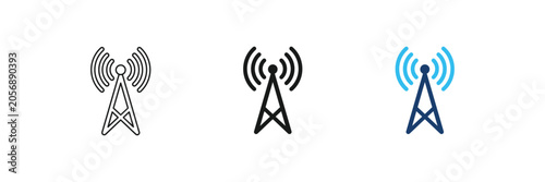 Transmitter antenna tower with radio wave broadcasting vector icon set, wireless communication network, vector illustration
