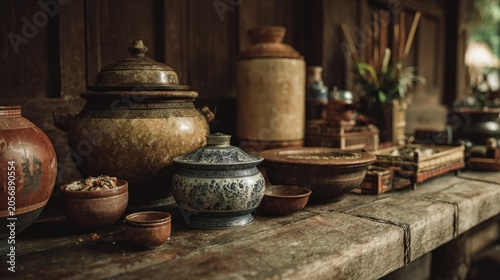 Rustic earthenware collection on weathered wooden surface creates antique atmosphere