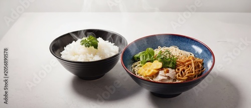 Steaming rice and noodles in bowls on a white surface food photography