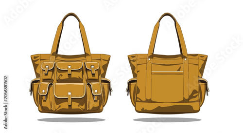Mustard Brown Utility Tote Bag with Multiple Pockets and Straps Front and Back View Set