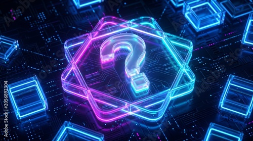 Glowing Question Mark in Digital Network with Neon Circuit Board Background