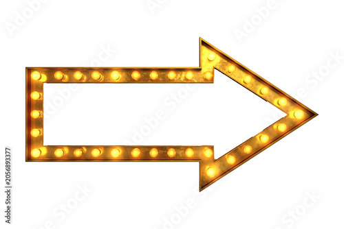 Captivating bright gold arrow display with multiple glowing incandescent light bulbs, designed in a classic retro marquee style, excellent for directing attention or indicating a clear path 