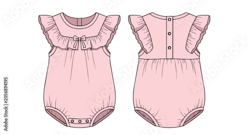 Pink Baby Girl Ruffle Romper Technical Flat Sketch Front and Back Views