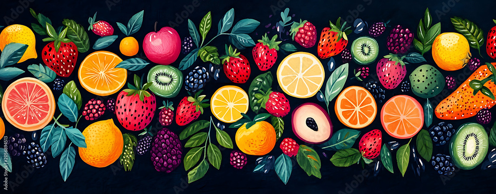 Fototapeta premium Seamless fruit and vegetable pattern with strawberries apples berries and fresh green leaves in colorful vector illustration design