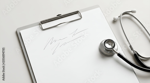 Medical Clipboard with Prescription Paper and Stethoscope on Table