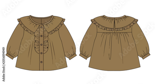 Brown Baby Girl Blouse with Ruffle Collar Technical Fashion Flat Sketch Front and Back View