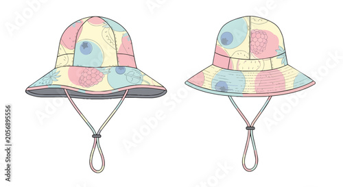 Colorful Kids Bucket Hat with Pastel Fruit Pattern and Adjustable Chin Strap for Summer Sun Protection