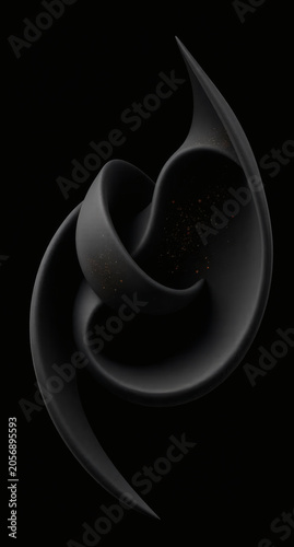 Abstract minimalist 3D black matte swirling ribbon sculpture with elegant twisted curves and sharp points isolated on a black background