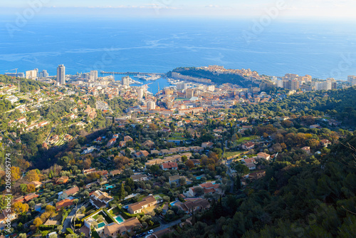 View from the village of La Turbie looking out over the hills of the French Riviera towards Monte Carlo, Monaco, the harbor and the Rock, in Southern France.