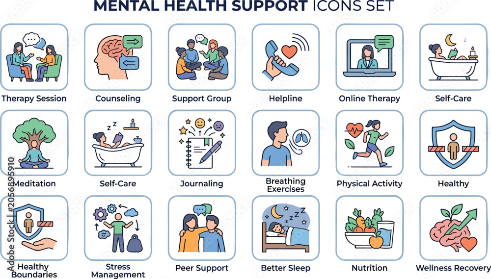 Fototapeta premium Mental Health Support Icons Set Featuring Therapy Counseling Wellness Recovery Self Care and Emotional Wellbeing Resources