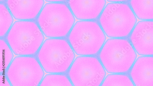 Grainy holographic abstract geometric background with hexagonal grid. Light blue hexagon shapes on soft pink backdrop. Vaporwave aesthetic, dreamy minimal pastel backdrop for web design, social media