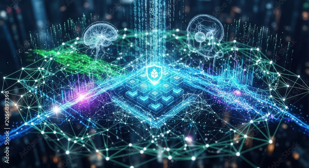 Obraz premium Abstract digital network connecting two human brains with glowing data streams.