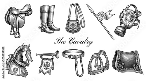 Set of Hand Drawn Vintage Cavalry Equipment and Military Equestrian Gear Vector Illustrations in Engraving Style