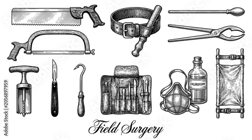 Vintage Field Surgery and Medical Instruments Illustration: Historical Amputation Saws, Scalpels, Chloroform Bottle, and Surgical Kit in Engraved Style