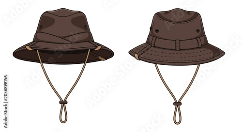 Brown Safari Boonie Hat Illustration with Adjustable Chin Strap for Outdoor Adventure and Camping Headwear