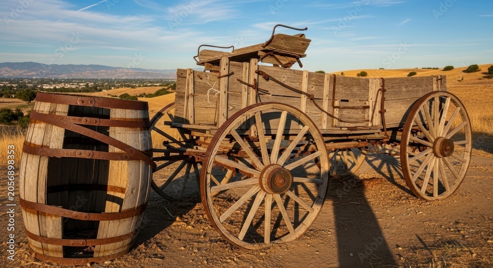 Obraz premium Antique wooden wagon and barrel in a dry landscape.