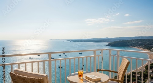 Balcony view of ocean and coastline with drinks on table.