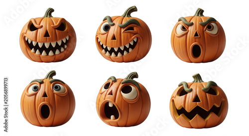 carved pumpkins with various spooky expressions on a white background halloween designs or seasonal decorations