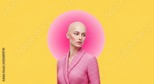 Bald Woman in Pink Blazer with Pink Aura Against Yellow Background.