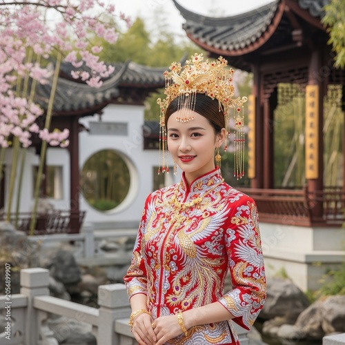 Beautiful Chinese Bride in Traditional Red Wedding Dress and Headdress.