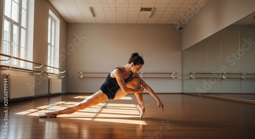 Ballet dancer practicing a graceful pose in a sunlit studio.