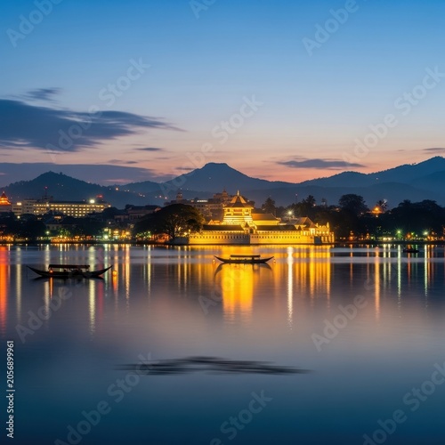 Beautiful Cityscape at Dusk Reflecting on Calm Water with Mountains in Background.