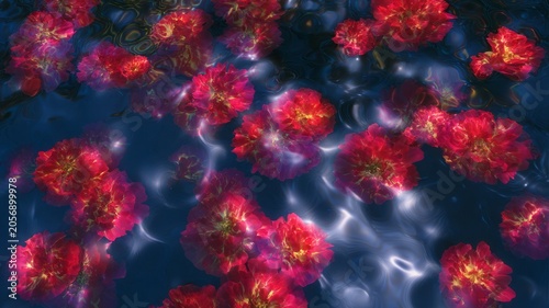 Vibrant red flowers floating on water surface. AI generated