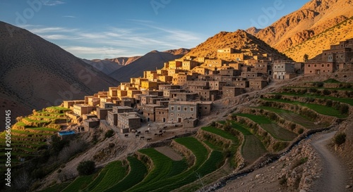 Berber Village in Atlas Mountains Morocco at Sunset.