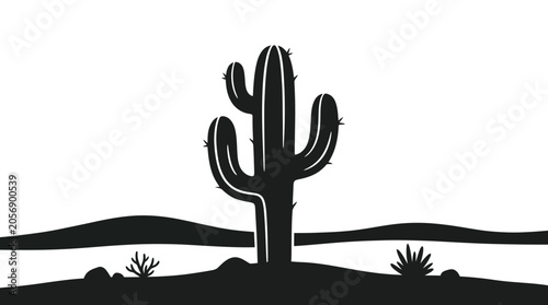 Bild auf Leinwand Silhouette of Desert Cactus Plant in Black and White Landscape Scene