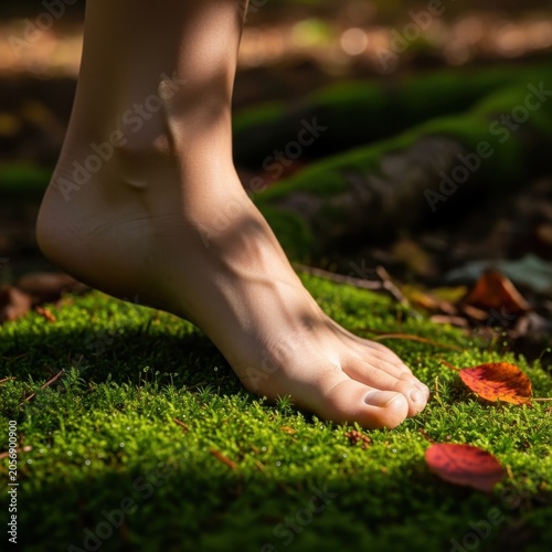 Bare Foot Walking on Mossy Forest Floor with Autumn Leaves.