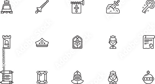 Quadro su tela Medieval Knight and Arthurian Fantasy Legend Line Art Icon Set Featuring Swords