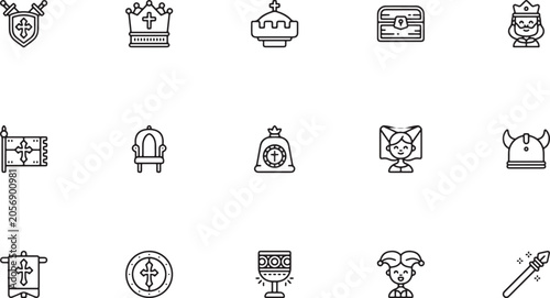 Bild auf Leinwand Medieval Royalty and Fantasy RPG Kingdom Line Art Icon Set Featuring Royal Crown