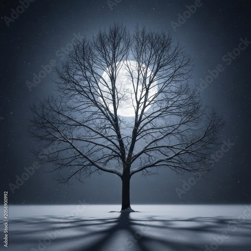 Bare Tree Silhouette Against Full Moon in Winter Landscape.