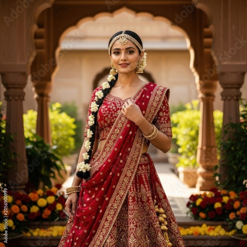 Beautiful Indian Bride in Traditional Red Lehenga and Jewelry.