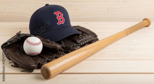 Baseball equipment including a bat, glove, cap, and ball on a wooden surface.