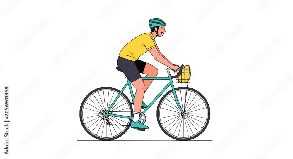 Fototapeta premium Man Riding Teal Bicycle with Front Basket and Yellow Shirt for Active Lifestyle