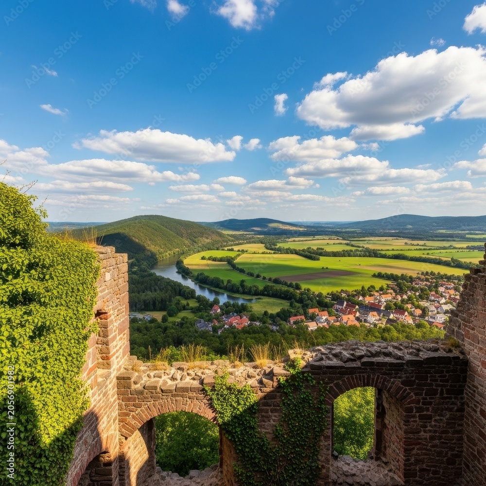 Fototapeta premium Ancient Castle Ruins Overlooking Lush Green Valley and River.