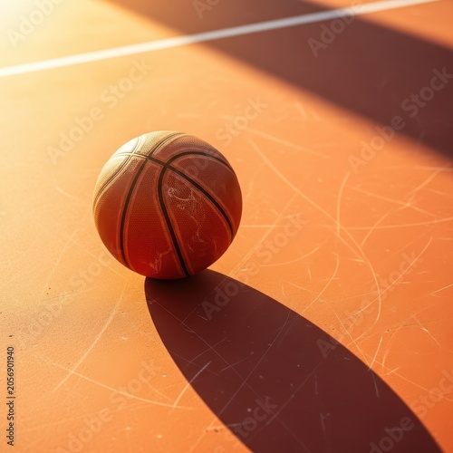 Basketball resting on an outdoor court with long shadows.