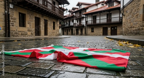 Basque flag lying on wet cobblestone street in historic European town.