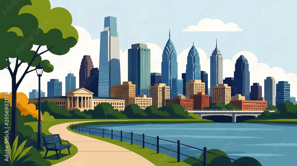 Obraz premium Illustration of Philadelphia Skyline with Riverwalk and Park in Contemporary Corporate Style