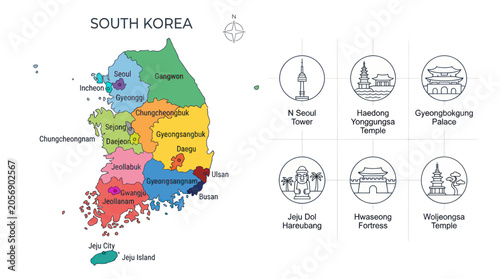 Foto South Korea Map with Landmarks and Regions - Travel and Tourism Infographic