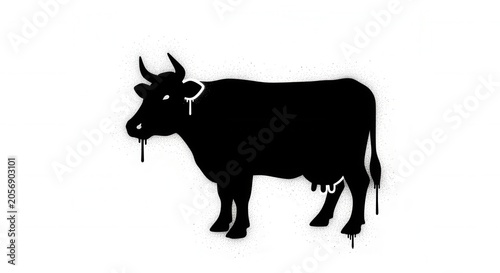 Black Silhouette of a Cow with Dripping Effect on White Background.