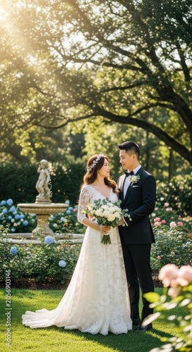 Beautiful Bride and Groom in a Lush Garden on Wedding Day.