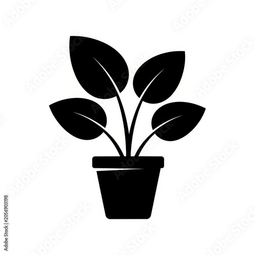 Black Silhouette of a Potted Plant on a White Background.
