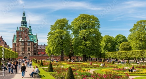 Beautiful Rosenborg Castle Gardens in Copenhagen Denmark on a Sunny Day.